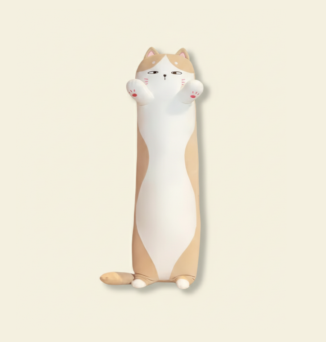 Soft Long Cat Plush Pillow – Cute Beige Hugging Cushion for Kids